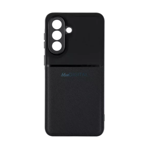 Szilikon telefonvédő (ütésállóság, mágneses, bőr hatású hátlap, csíkos) FEKETE Samsung Galaxy A57 5G (SM-A576)