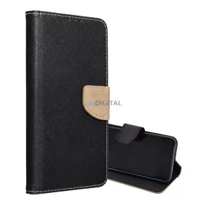 Tok álló, bőr hatású (FLIP, oldalra nyíló, asztali tartó, kártyazseb, textil hatás) FEKETE/ARANY Samsung Galaxy A37 5G (SM-A376)
