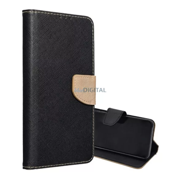 Tok álló, bőr hatású (FLIP, oldalra nyíló, asztali tartó, kártyazseb, textil hatás) FEKETE/ARANY Samsung Galaxy A37 5G (SM-A376)