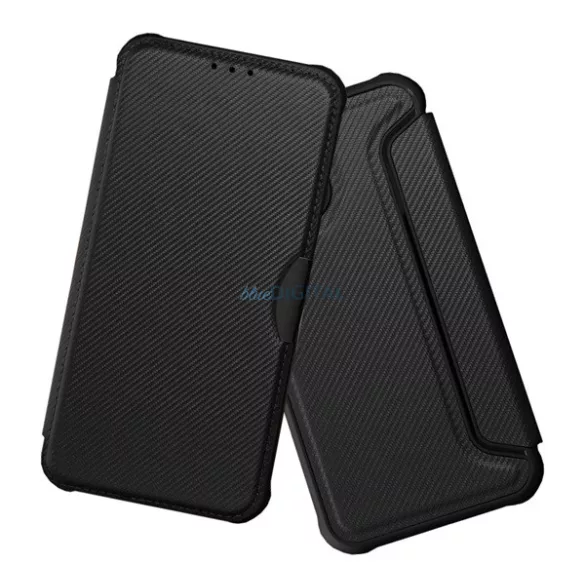 Tok álló, bőr hatású (FLIP, oldalra nyíló, ütésállóság, légpárnás sarok, kameravédő, karbon minta) FEKETE Samsung Galaxy A37 5G (SM-A376)