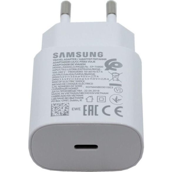 Samsung hálózati gyors töltőfej Type-C csatlakozóval, gyári, 3A, fehér, EP-TA800EWE