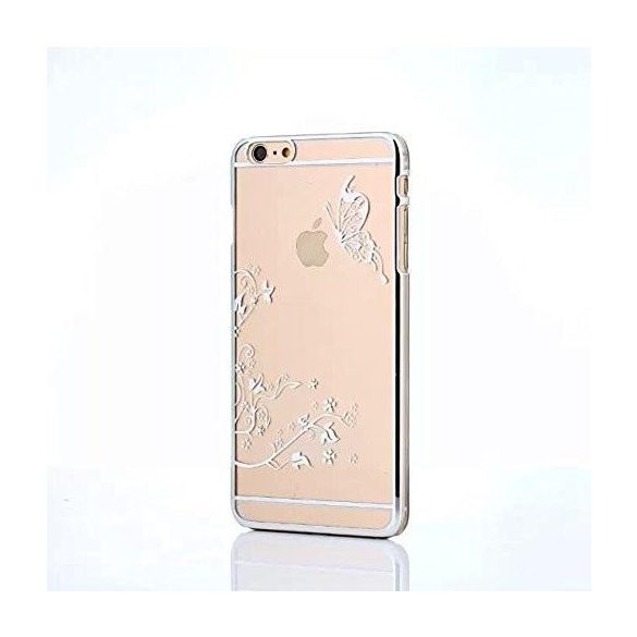 iPhone 6 6S Plus (5,5") ezüst pillangó mintás, köves műanyag tok