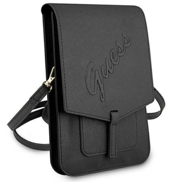 Guess Saffiano fekete telefon és bankkártya tartós táska vállpánttal
