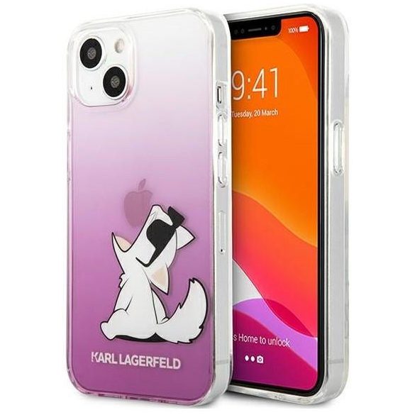 Karl Lagerfeld iPhone 13 Pro (6,1") "Choupette eat" mintás színátmenetes pink-átlátszó hátlap tok