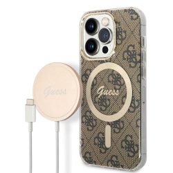   iPhone 14 Pro (6,1") hátlap tok töltővel, MagSafe, barna, GUESS, BUGUHMP14LH4EACSW