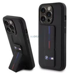   iPhone 15 Pro (6,1") hátlap tok, PU, kitámasztható, fekete, BMW M Grip Stand Tricolor Line (BMHCP15L22GSLK)