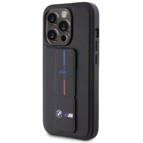 iPhone 15 Pro (6,1") hátlap tok, PU, kitámasztható, fekete, BMW M Grip Stand Tricolor Line (BMHCP15L22GSLK)