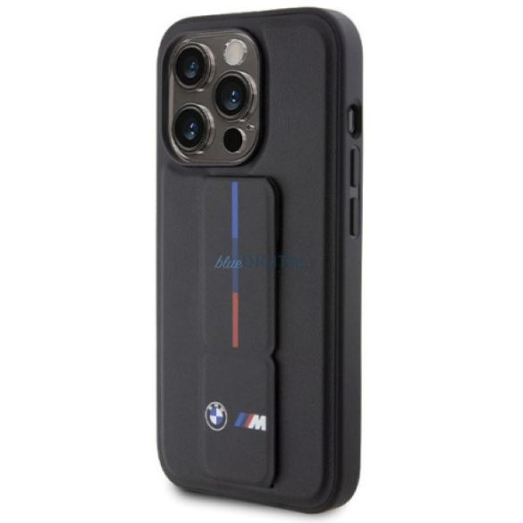 iPhone 15 Pro Max (6,7") hátlap tok, PU, kitámasztható, fekete, BMW M Grip Stand Tricolor Line (BMHCP15X22GSLK)