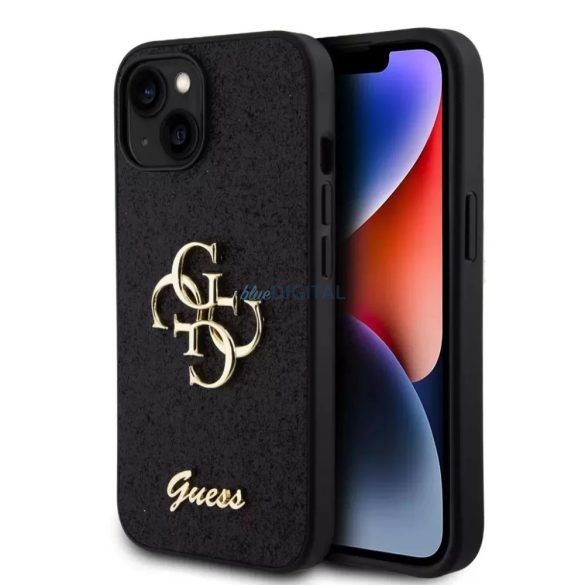 iPhone 15 (6,1") hátlap tok, PU, fekete/csillámos, GUESS Fixed Glitter 4G Metal Logo (GUHCP15SHG4SGK)