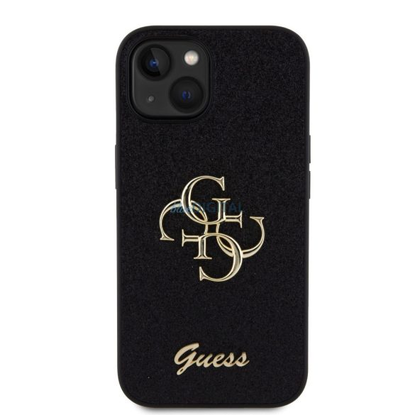 iPhone 15 (6,1") hátlap tok, PU, fekete/csillámos, GUESS Fixed Glitter 4G Metal Logo (GUHCP15SHG4SGK)