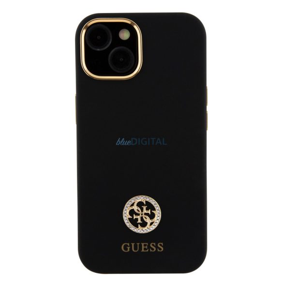 iPhone 15 Pro (6,1") hátlap tok, szilikon, fekete, GUESS Liquid Silicone 4G Strass Metal Logo (GUHCP15LM4DGPK)