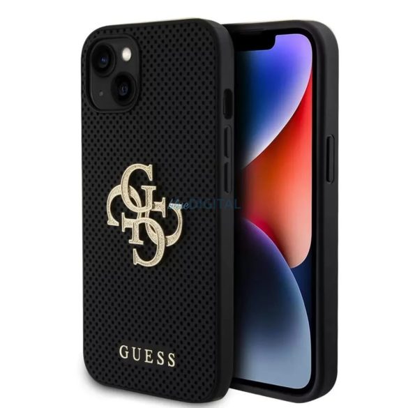 iPhone 15 Pro Max (6,7") hátlap tok, PU, fekete, GUESS Perforated 4G Glitter Metal Logo (GUHCP15XPSP4LGK)