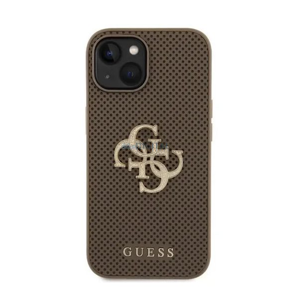 iPhone 15 (6,1") hátlap tok, PU, barna, GUESS Perforated 4G Glitter Metal Logo (GUHCP15SPSP4LGE)