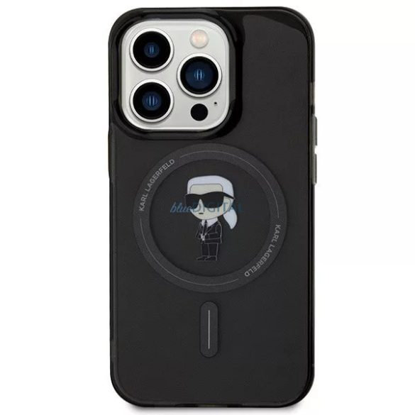 iPhone 15 Pro (6,1") hátlap tok, műanyag, átlátszó / fekete, magsafe, Karl Lagerfeld IML Ikonik MagSafe (KLHMP15LHFCKNOK)