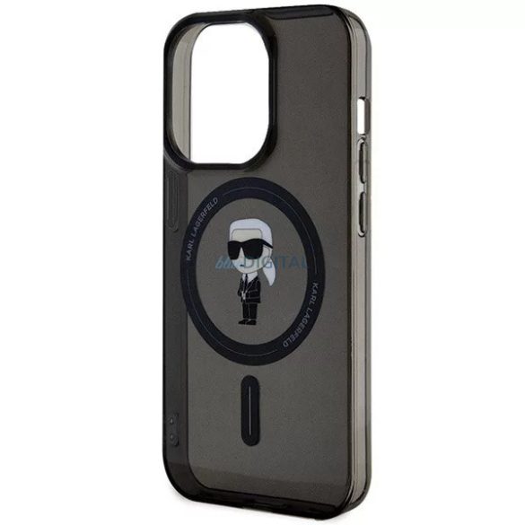 iPhone 15 Pro (6,1") hátlap tok, műanyag, átlátszó / fekete, magsafe, Karl Lagerfeld IML Ikonik MagSafe (KLHMP15LHFCKNOK)