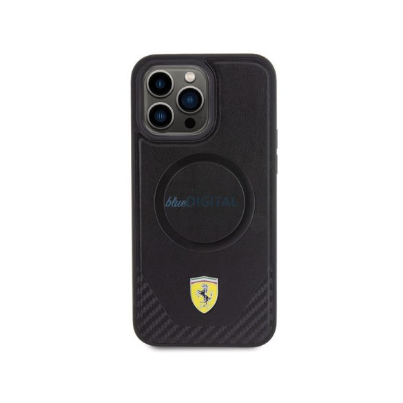 iPhone 15 (6,1") hátlap tok, PU / szénszál, carbon mintás, magsafe, fekete, Ferrari Bottom Carbon Magsafe (FEHMP15SPTEK)