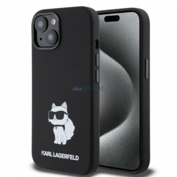 iPhone 15 (6,1") hátlap tok, szilikon, fekete, Karl Lagerfeld Liquid Silicone Choupette (KLHCP15SSNCHBCK)