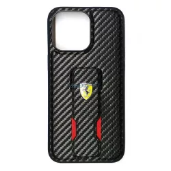   iPhone 15 Pro (6,1") hátlap tok, PU, carbon mintás, kitámasztható, fekete, Ferrari Grip Stand (FEHCP15LGSNCAK)