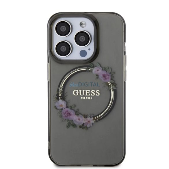 iPhone 15 Pro Max (6,7") hátlap tok, PC/TPU, magsafe, átlátszó / fekete, GUESS Flowers Ring Glossy Logo MagSafe (GUHMP15XHFWFCK)