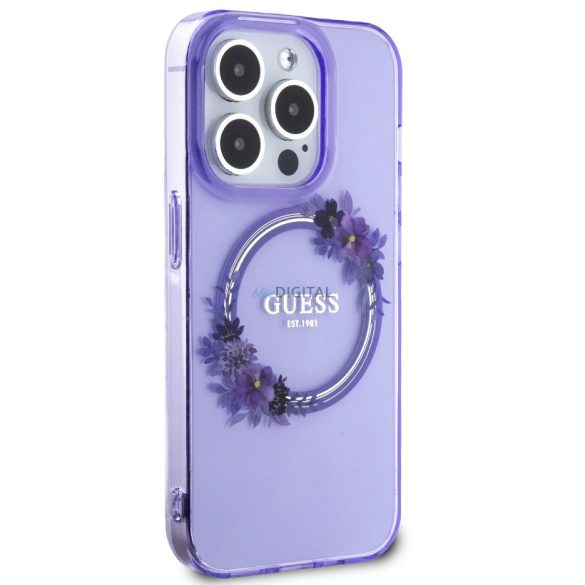 iPhone 15 Pro (6,1") hátlap tok, PC/TPU, magsafe, lila, GUESS Flowers Ring Glossy Logo MagSafe (GUHMP15LHFWFCU)