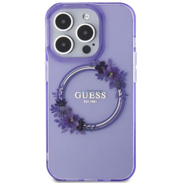 iPhone 15 Pro (6,1") hátlap tok, PC/TPU, magsafe, lila, GUESS Flowers Ring Glossy Logo MagSafe (GUHMP15LHFWFCU)