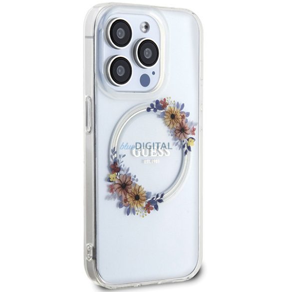 iPhone 15 Pro Max (6,7") hátlap tok, PC/TPU, magsafe, átlátszó, GUESS Flowers Ring Glossy Logo MagSafe (GUHMP15XHFWFCT)