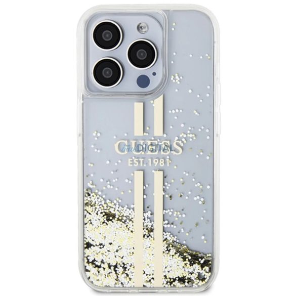 iPhone 15 Pro (6,1") hátlap tok, TPU, átlátszó / folyékony csillámos, GUESS Liquid Glitter Gold Stripe (GUHCP15LLFCSEGT)