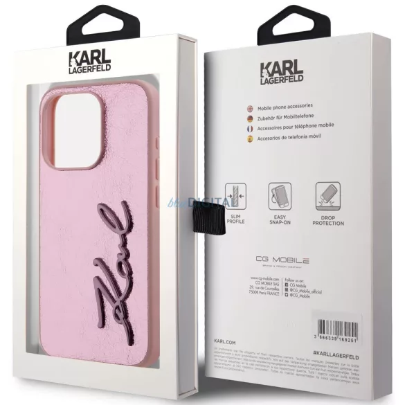 iPhone 15 Pro Max (6.7") hátlap tok, PU, rózsaszín, Karl Lagerfeld Wrinkled PU Signature Logo