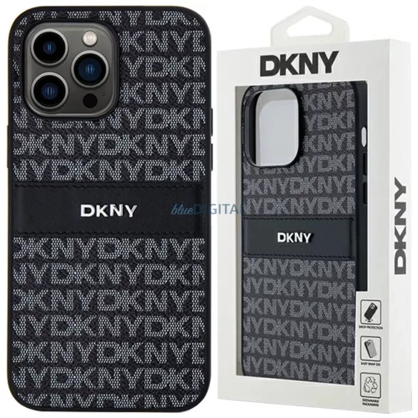 iPhone 15 Pro (6.1") hátlap tok, PU / PU bőr, mintás, fekete, DKNY PU Leather Repeat Pattern Tonal Stripe