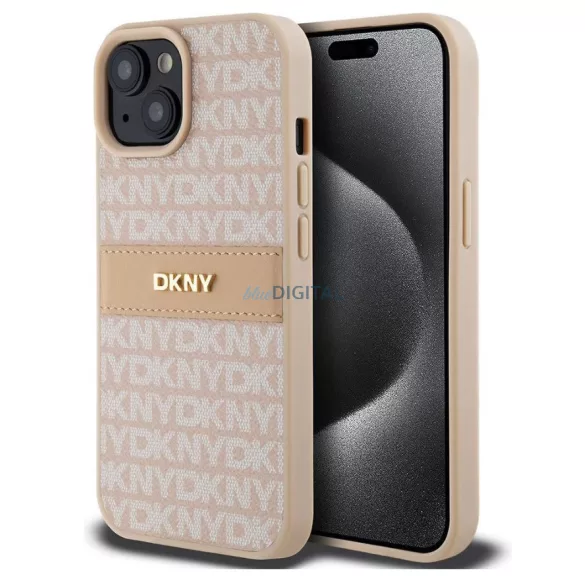 iPhone 15 Pro (6.1") hátlap tok, PU / PU bőr, mintás, barackvirág-bézs, DKNY PU Leather Repeat Pattern Tonal Stripe