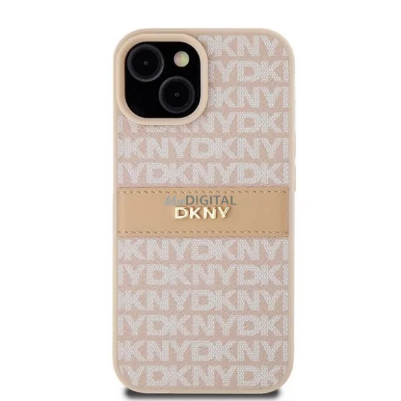 iPhone 15 Pro (6.1") hátlap tok, PU / PU bőr, mintás, barackvirág-bézs, DKNY PU Leather Repeat Pattern Tonal Stripe