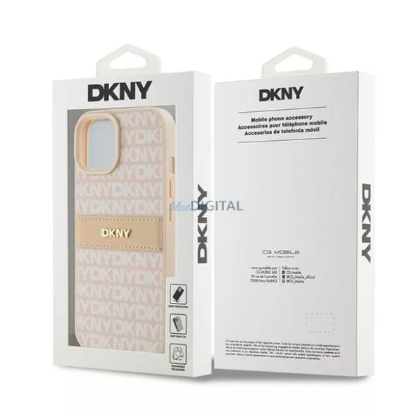 iPhone 15 Pro (6.1") hátlap tok, PU / PU bőr, mintás, barackvirág-bézs, DKNY PU Leather Repeat Pattern Tonal Stripe