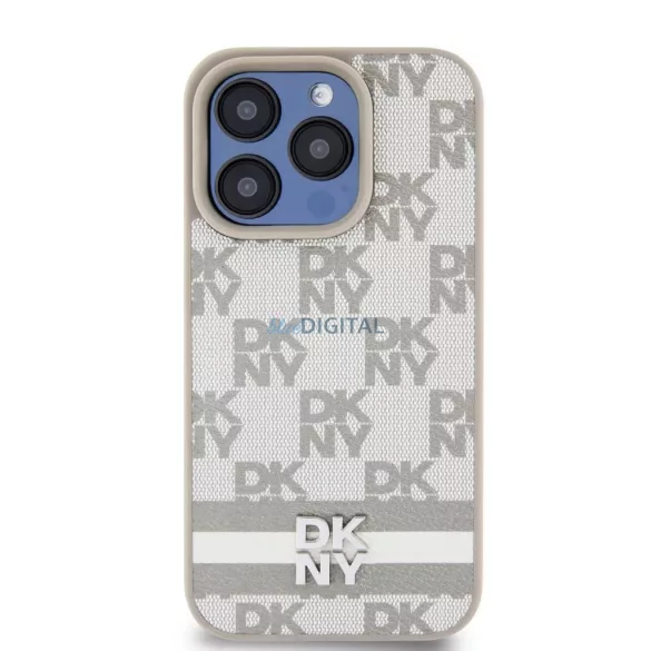 iPhone 15 Pro Max (6.7") hátlap tok, PU / PU bőr, mintás, szürke, DKNY PU Leather Checkered Pattern and Stripe