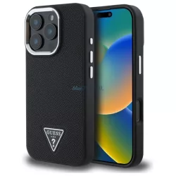  iPhone 16 Pro (6.3") hátlap tok, PU, magsafe, fekete, Guess PU Grained Triangle Logo