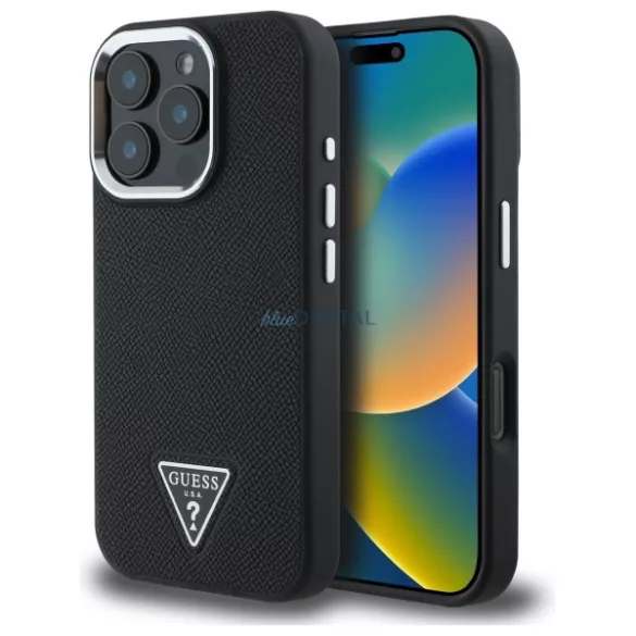 iPhone 16 Pro (6.3") hátlap tok, PU, magsafe, fekete, Guess PU Grained Triangle Logo