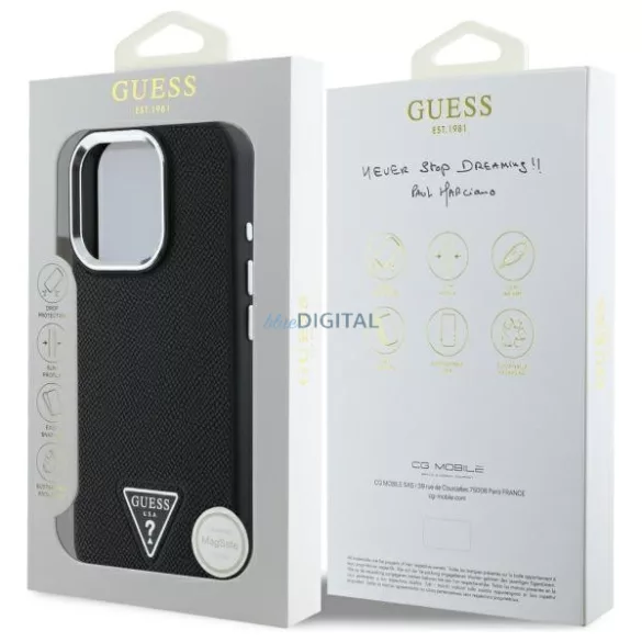 iPhone 16 Pro (6.3") hátlap tok, PU, magsafe, fekete, Guess PU Grained Triangle Logo