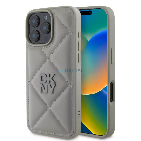 iPhone 16 Pro (6.3") hátlap tok, PU, szürke, DKNY PU Leather Quilted Stack Logo 