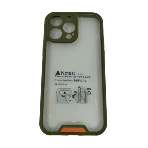 iPhone 14 Pro Max (6.7") hátlap tok, TPU tok, katonai zöld/átlátszó, kamera védős, színes keretes
