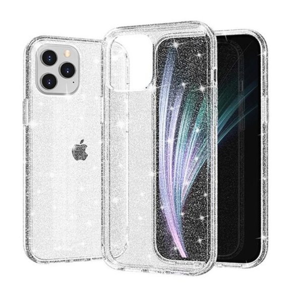 iPhone 12 Pro Max (6,7") szilikon tok, hátlap tok, TPU tok, átlátszó, ezüst csillámos, Crystal Glitter