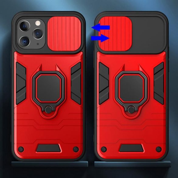 iPhone 11 Pro (5.8") ütésálló hátlap tok, PC / TPU tok, kamera védővel, piros-fekete, kitámaszható, Ring Lens