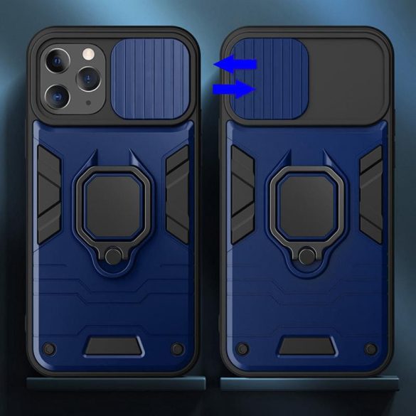 iPhone 13 Mini (5.4") ütésálló hátlap tok, PC / TPU tok, kamera védővel, kék-fekete, kitámaszható, Ring Lens