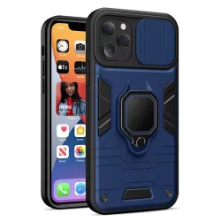   iPhone 13 Pro Max (6.7") ütésálló hátlap tok, PC / TPU tok, kamera védővel, kék-fekete, kitámaszható, Ring Lens