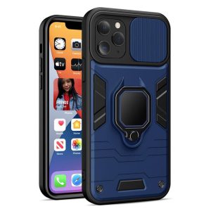 iPhone 13 Pro Max (6.7") ütésálló hátlap tok, PC / TPU tok, kamera védővel, kék-fekete, kitámaszható, Ring Lens