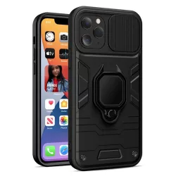   Samsung Galaxy A03s ütésálló hátlap tok, PC / TPU tok, kamera védővel, fekete, kitámaszható, SM-A037, Ring Lens