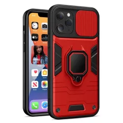   Samsung Galaxy S22 Plus ütésálló hátlap tok, PC / TPU tok, kamera védővel, piros-fekete, kitámaszható, SM-S906, Ring Lens