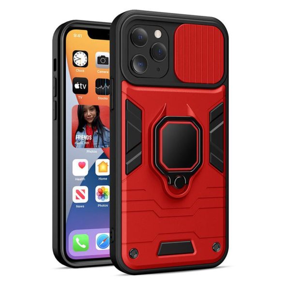 iPhone 14 Pro (6.1") ütésálló hátlap tok, PC / TPU tok, kamera védővel, piros-fekete, kitámaszható, Ring Lens