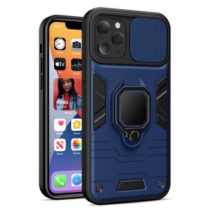 iPhone 14 Pro Max (6.7") ütésálló hátlap tok, PC / TPU tok, kamera védővel, kék-fekete, kitámaszható, Ring Lens