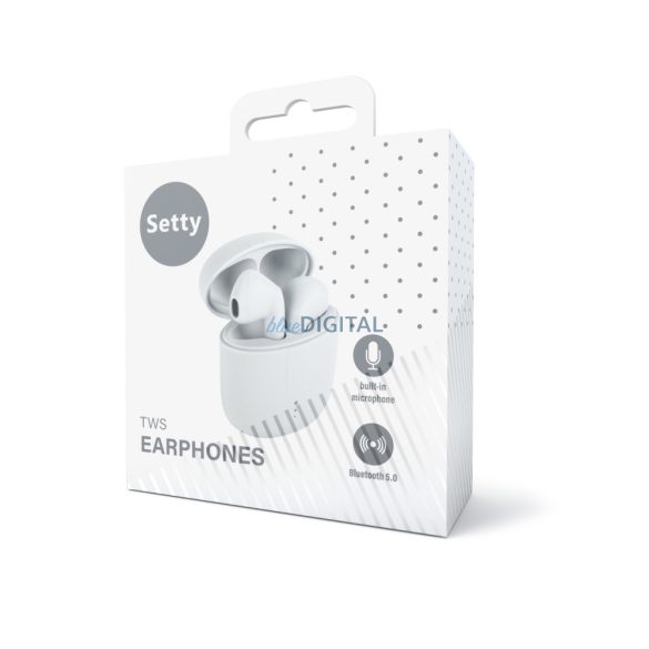 Stereo bluetooth headset vezeték nélküli töltőtokkal, TWS, fehér, Setty