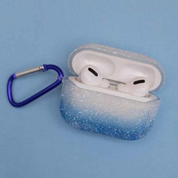 Airpods / Airpods 2 tok akasztóval, TPU tok, kék csillámos, Caviar