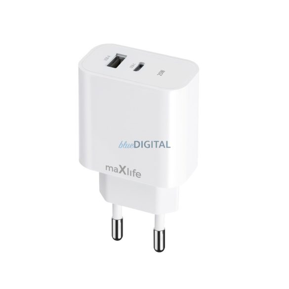 Univerzális hálózati gyors töltőfej, 1xType-C / 1xUSB, 25W, fehér, Maxlife MXTC-06-25AC